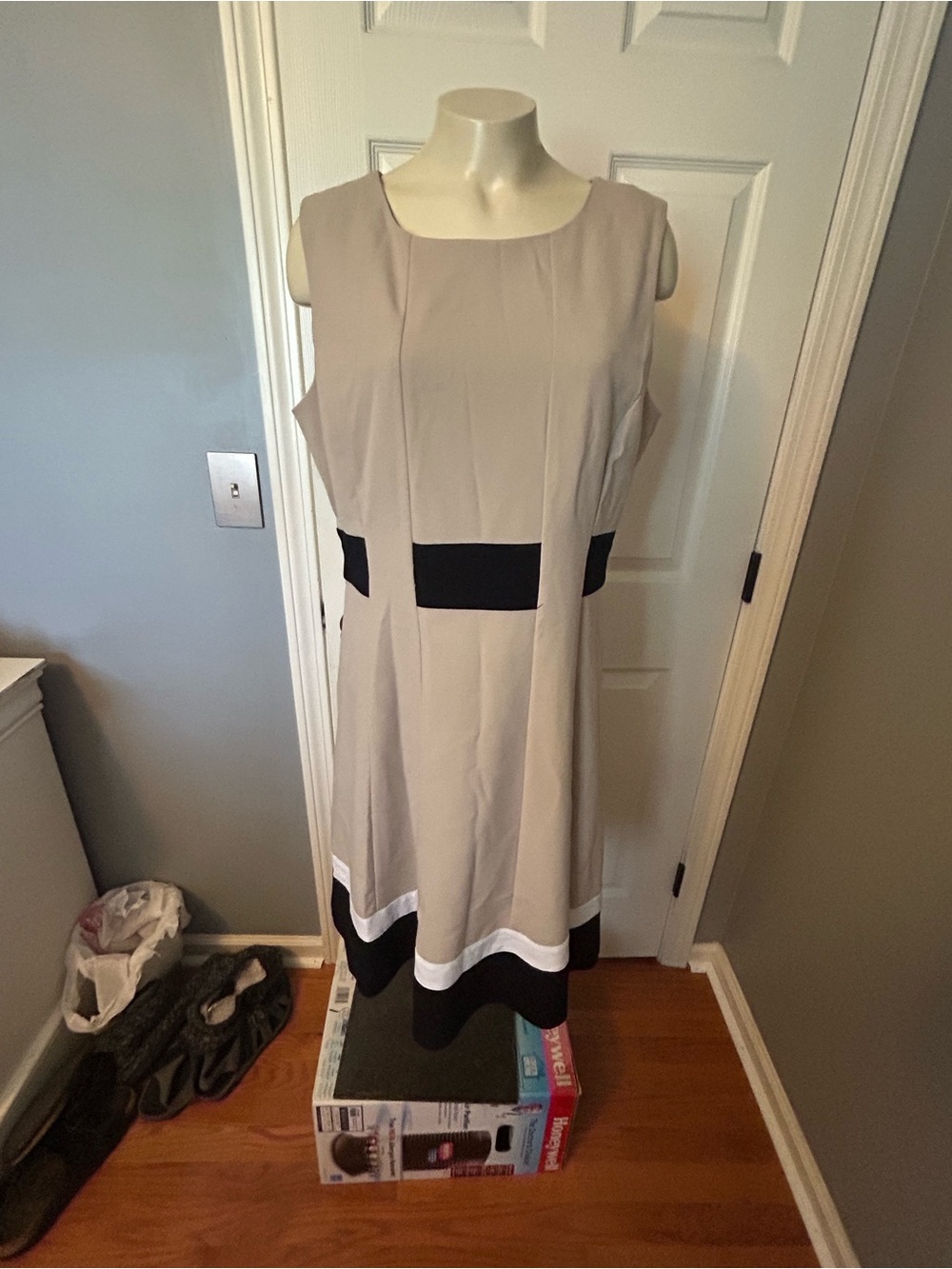 Calvin Klein Taupe Midi Dress with Black & White Trim